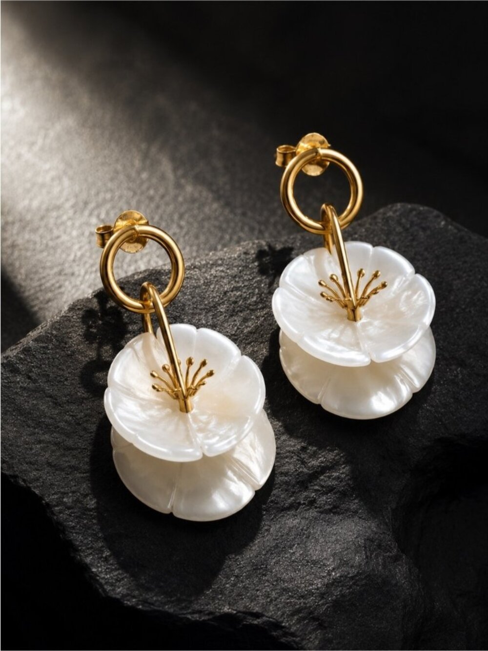 Gold and White Floral Drop Earrings